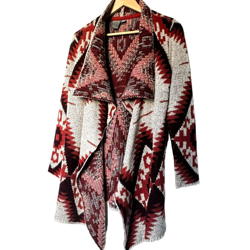 QUINN Women's Medium Open Front Cardigan Sweater Beige Orange Southwestern Aztec